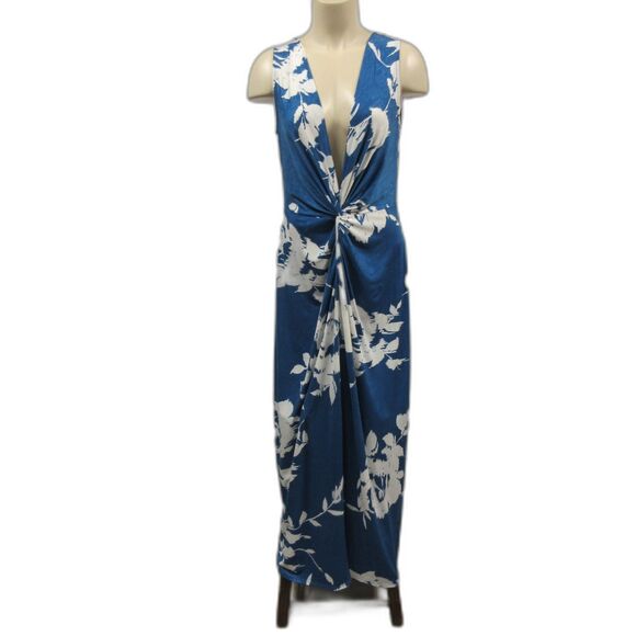 CLARA SUN WOO Crushed Silk Knit Center Slit Maxi Dress Sz M 12 Blue White Floral - Picture 2 of 15